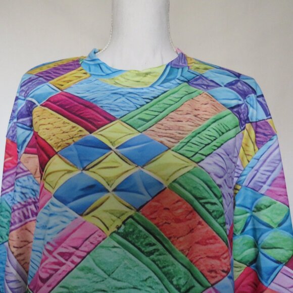 Colorful Checkered Patchwork Print Casual Long Knit Top L - Picture 3 of 8